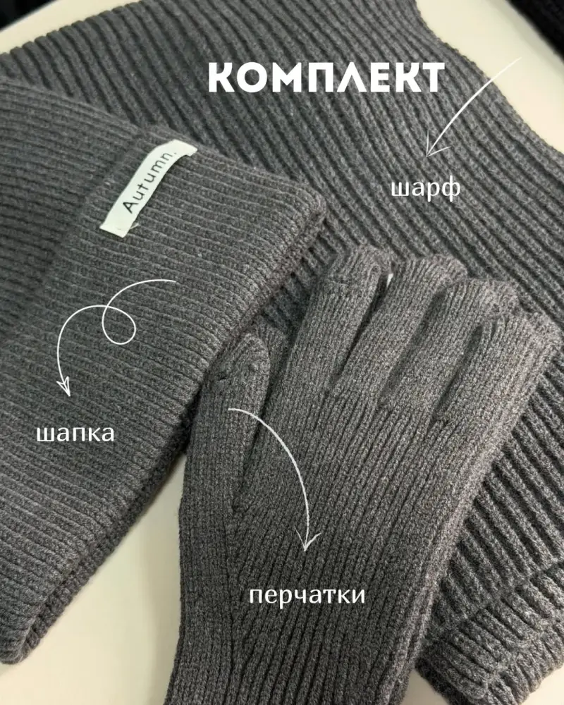 Комплект: шапка, шарф и перчатки — Серый