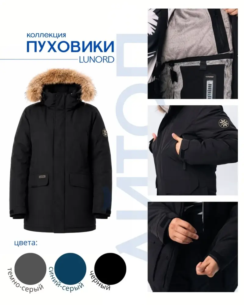 Парка LUNORD с меховой опушкой — Сине-серый